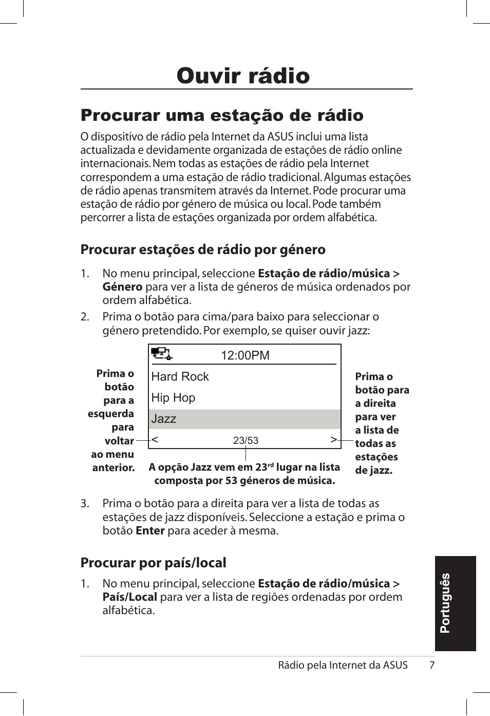 Ouvir rádio, Procurar uma estação de rádio, Procurar.estações.de.rádio.por.género | Procurar.por.país�local | Asus AIR User Manual | Page 135 / 192