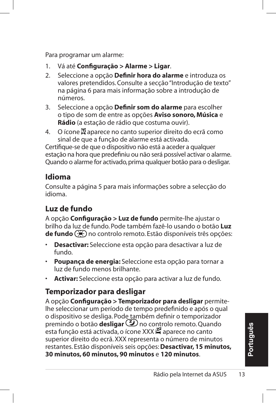 Idioma, Luz.de.fundo, Temporizador.para.desligar | Asus AIR User Manual | Page 141 / 192