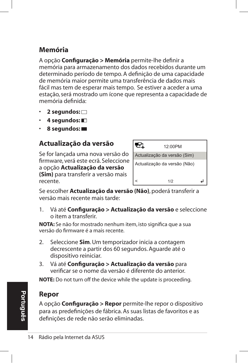 Memória, Actualização.da.versão, Repor | Asus AIR User Manual | Page 142 / 192