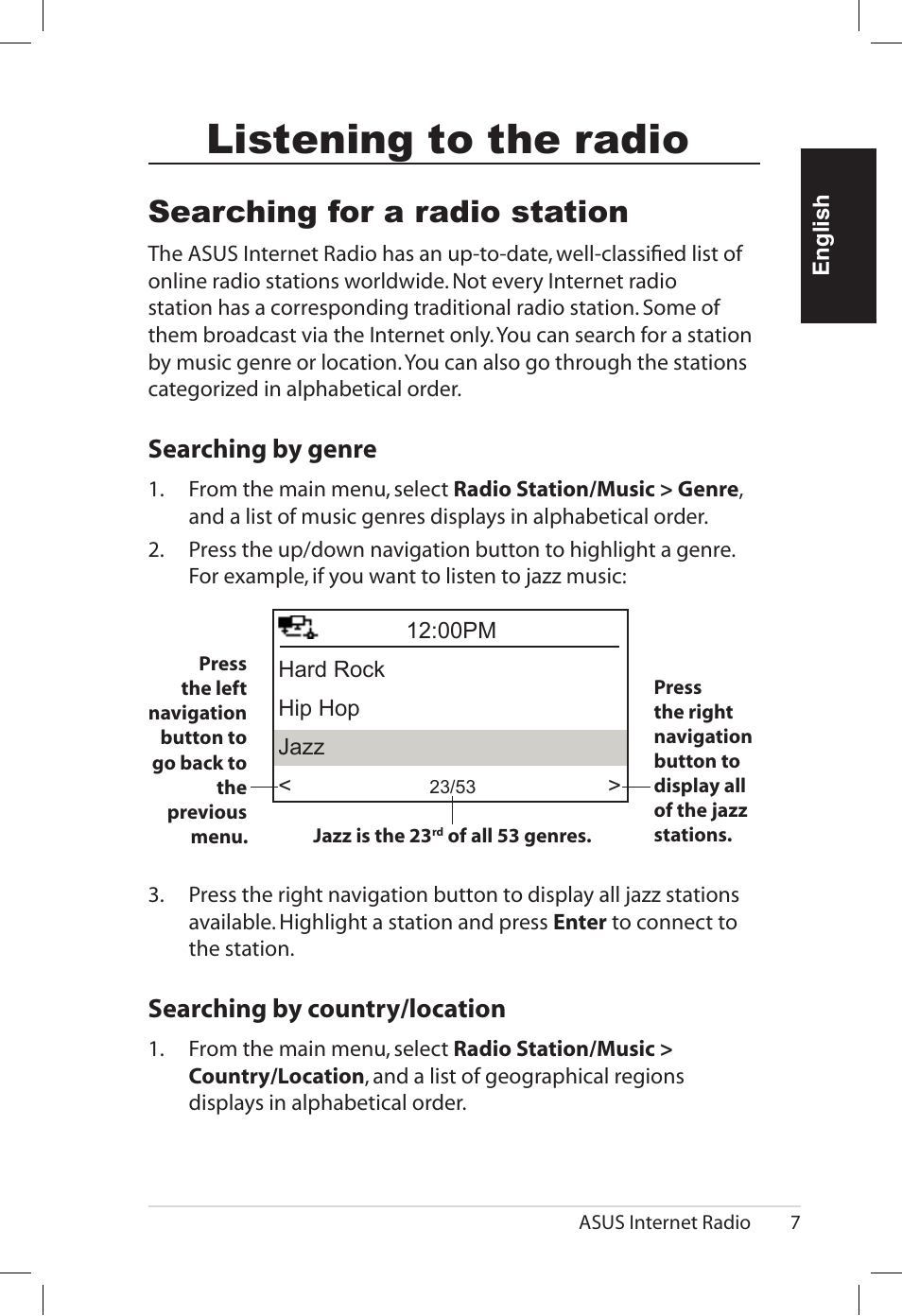 Listening to the radio, Searching for a radio station, Searching.by.genre | Searching.by.country�location | Asus AIR User Manual | Page 15 / 192