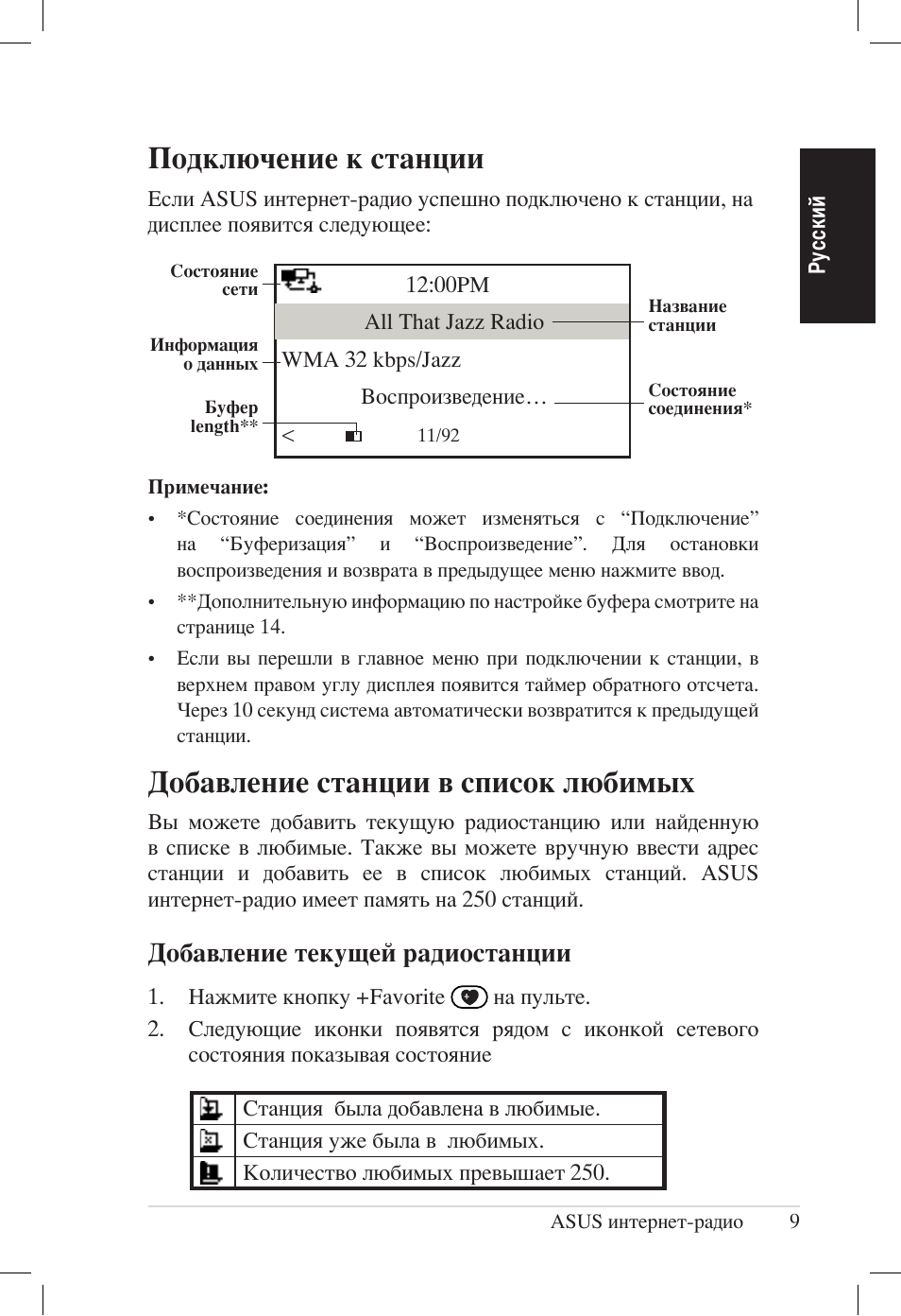 Подключение к станции, Добавление станции в список любимых, Добавление текущей радиостанции | Asus AIR User Manual | Page 161 / 192