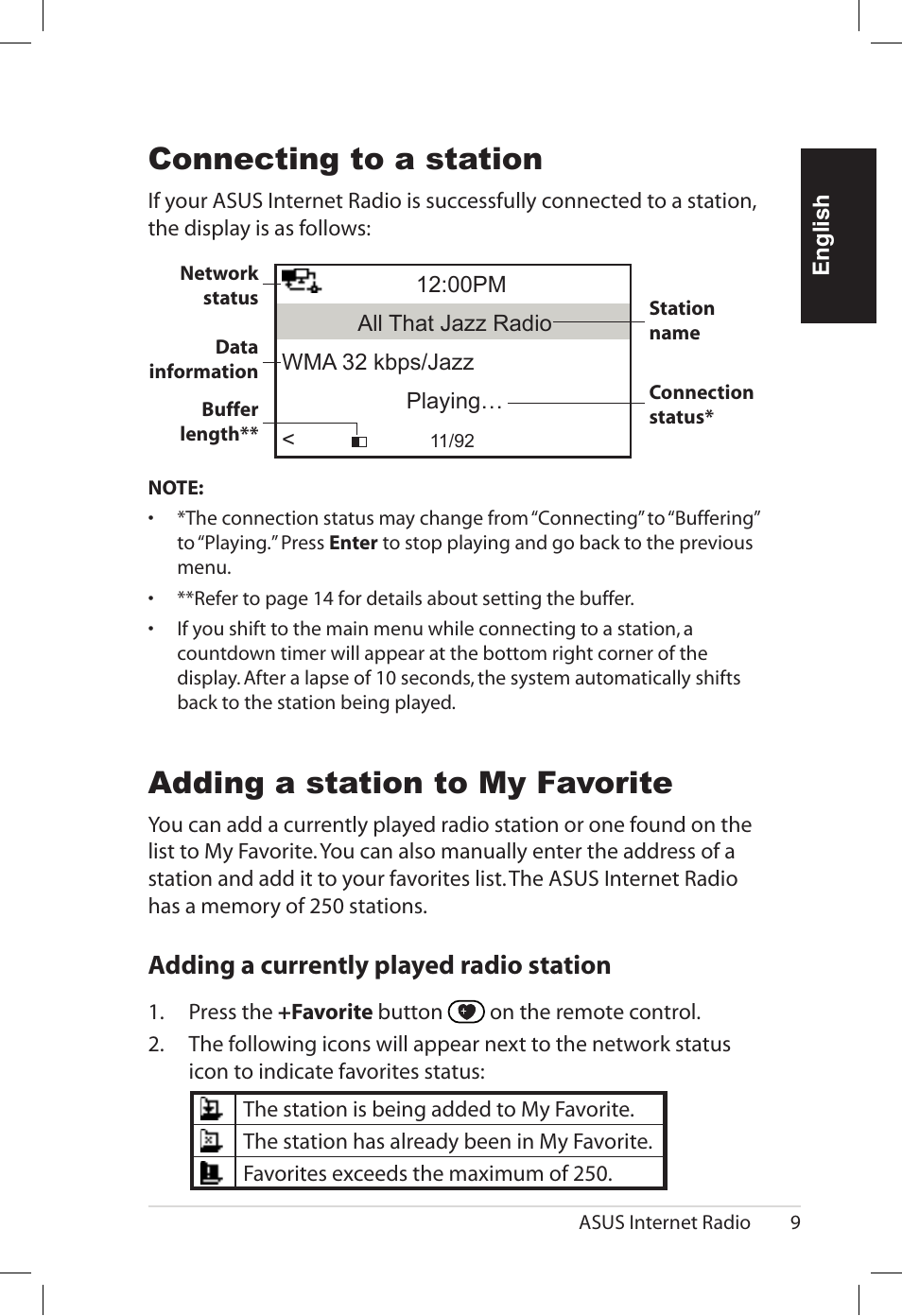 Connecting to a station, Adding a station to my favorite, Adding.a.currently.played.radio.station | Asus AIR User Manual | Page 17 / 192