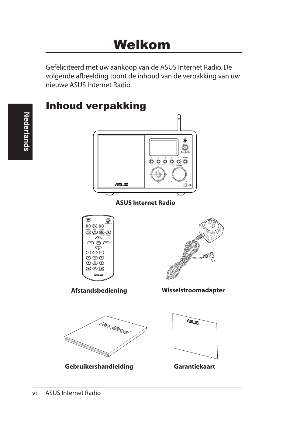 Welkom, Inhoud verpakking, User manual | Nederlands, Vi asus internet radio | Asus AIR User Manual | Page 174 / 192