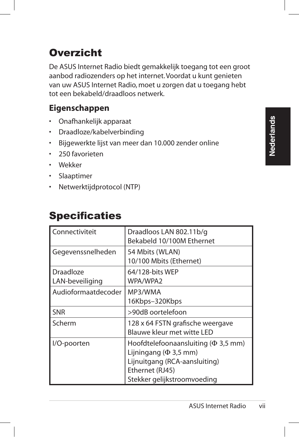 Specificaties, Overzicht, Eigenschappen | Asus AIR User Manual | Page 175 / 192