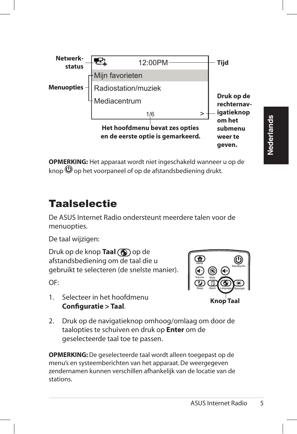 Taalselectie, Nederlands, Asus internet radio 5 | Nop.taal | Asus AIR User Manual | Page 181 / 192