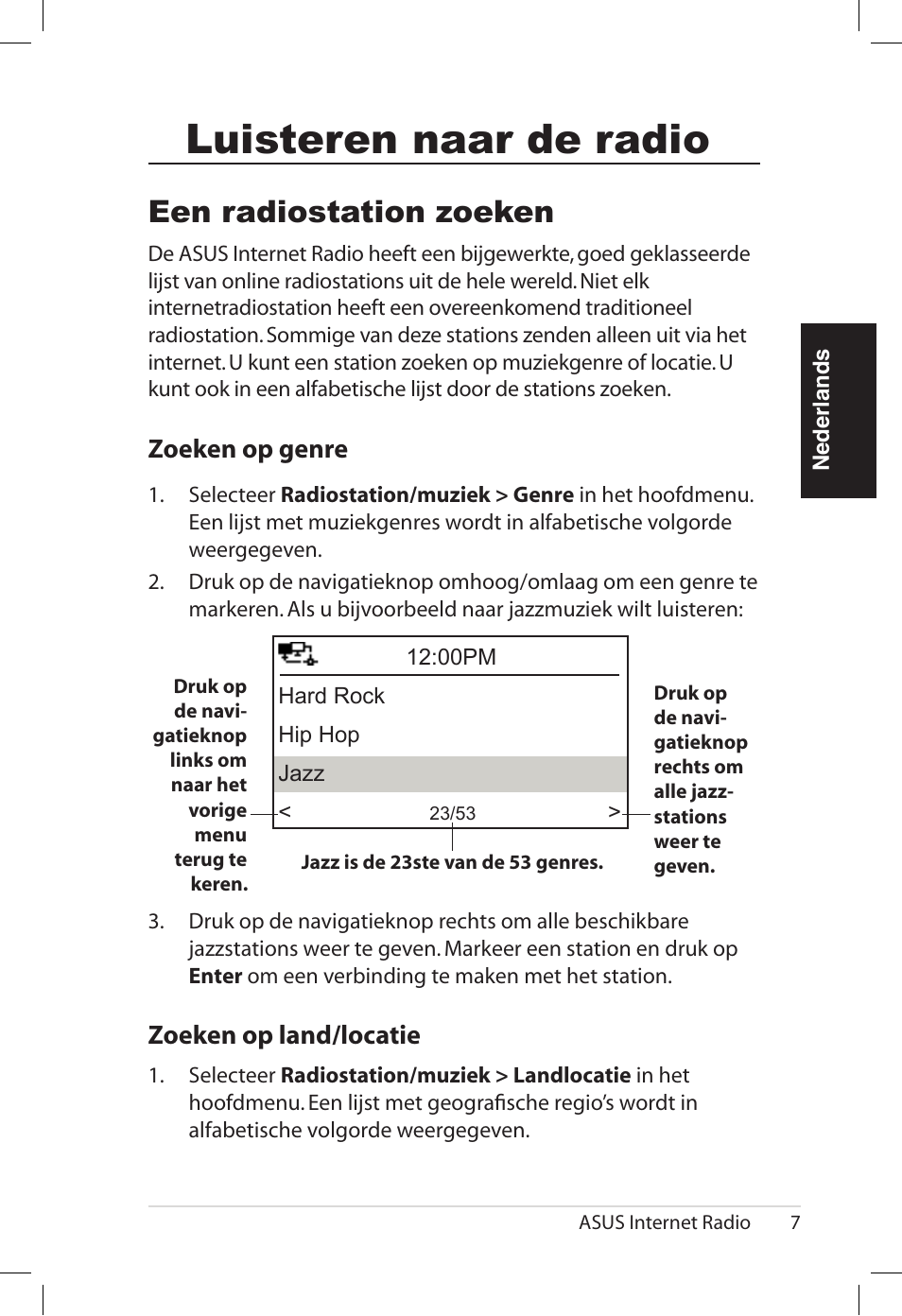 Luisteren naar de radio, Een radiostation zoeken, Zoe�en.op.genre | Zoe�en.op.land�locatie | Asus AIR User Manual | Page 183 / 192