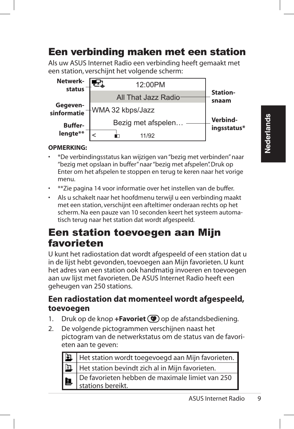 Een verbinding maken met een station, Een station toevoegen aan mijn favorieten | Asus AIR User Manual | Page 185 / 192