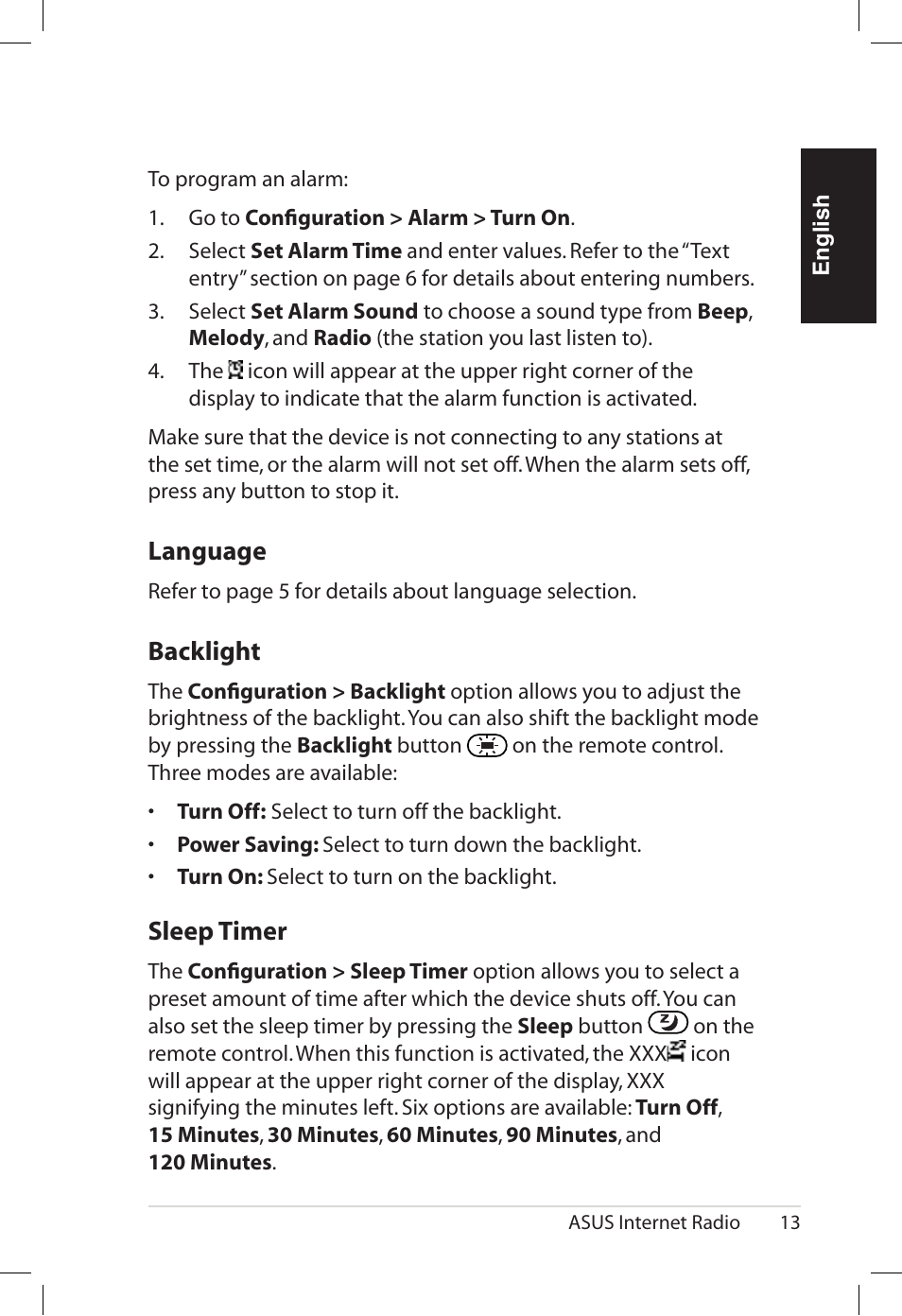 Language, Bac�light, Sleep.timer | Asus AIR User Manual | Page 21 / 192