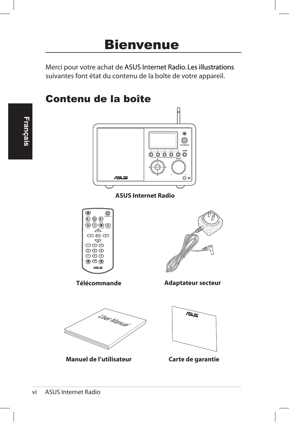 Bienvenue, Contenu de la boîte, User manual | Français, Vi asus internet radio | Asus AIR User Manual | Page 30 / 192