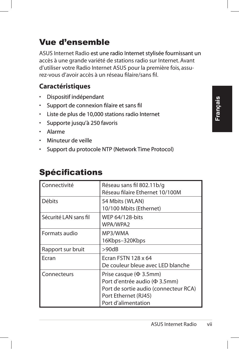 Spécifications, Vue d’ensemble, Caractéristiques | Asus AIR User Manual | Page 31 / 192