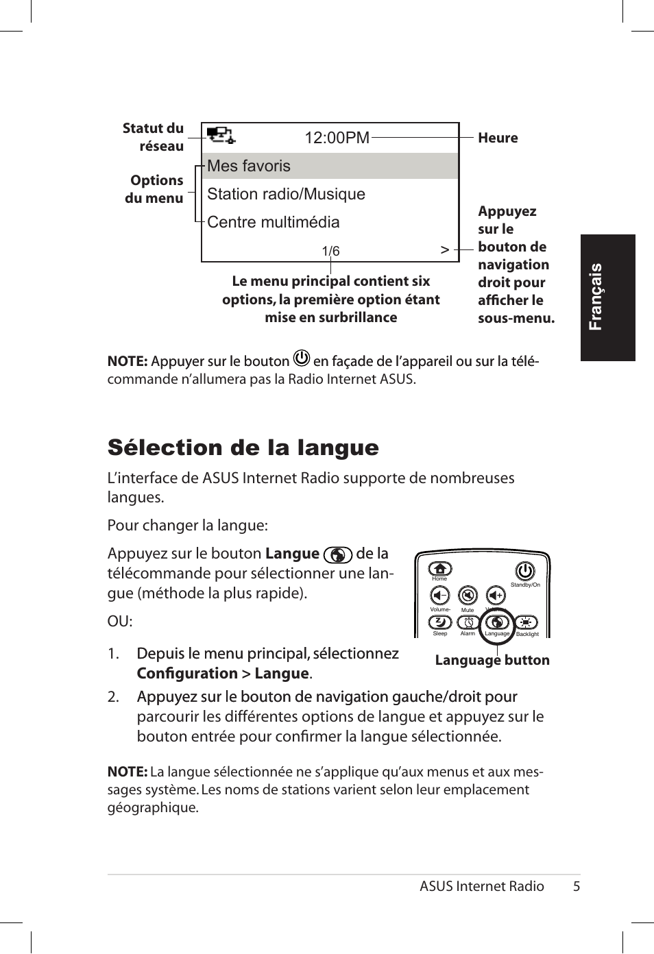 Sélection de la langue, Français | Asus AIR User Manual | Page 37 / 192