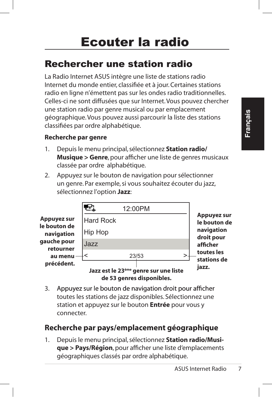 Ecouter la radio, Rechercher une station radio, Recherche.par.pays�emplacement.géographique | Asus AIR User Manual | Page 39 / 192