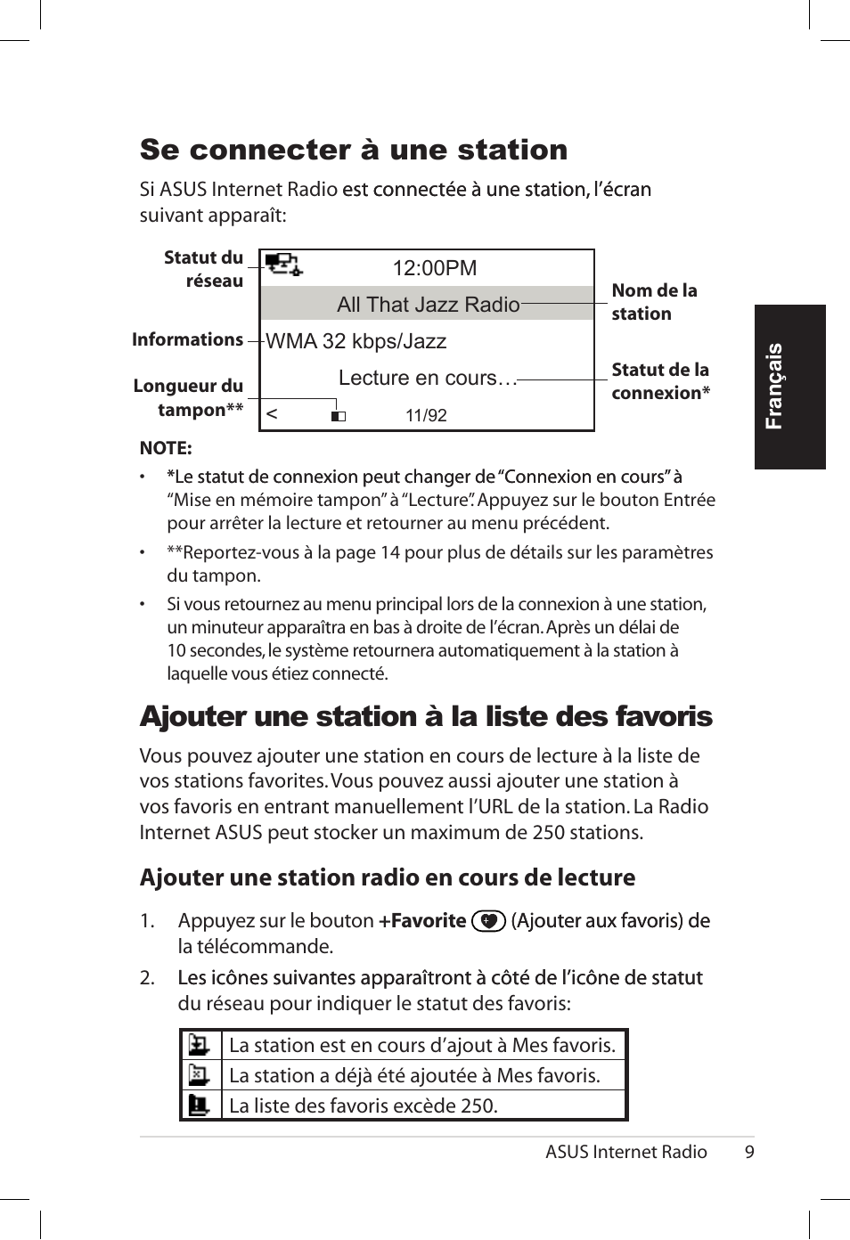 Se connecter à une station, Ajouter une station à la liste des favoris, A�outer.une.station.radio.en.cours.de.lecture | Asus AIR User Manual | Page 41 / 192