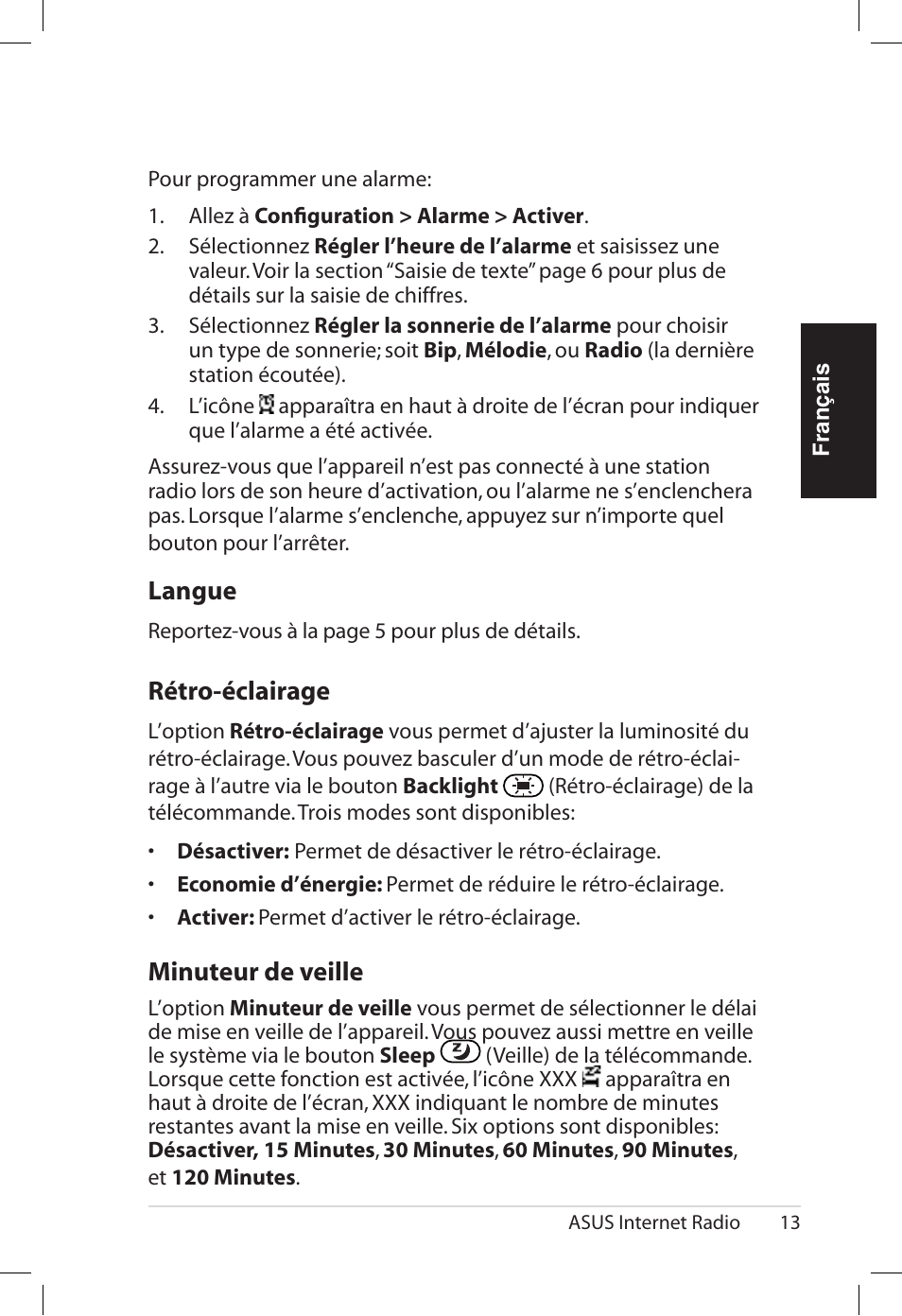 Langue, Rétro-éclairage, Minuteur.de.veille | Asus AIR User Manual | Page 45 / 192