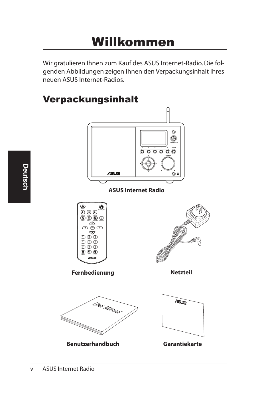 Willkommen, Verpackungsinhalt, User manual | Deutsch, Vi asus internet radio | Asus AIR User Manual | Page 54 / 192