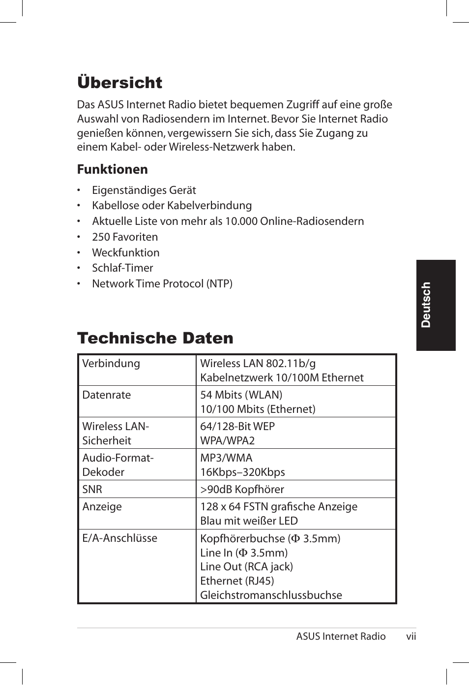 Technische daten, Übersicht, Fun�tionen | Asus AIR User Manual | Page 55 / 192