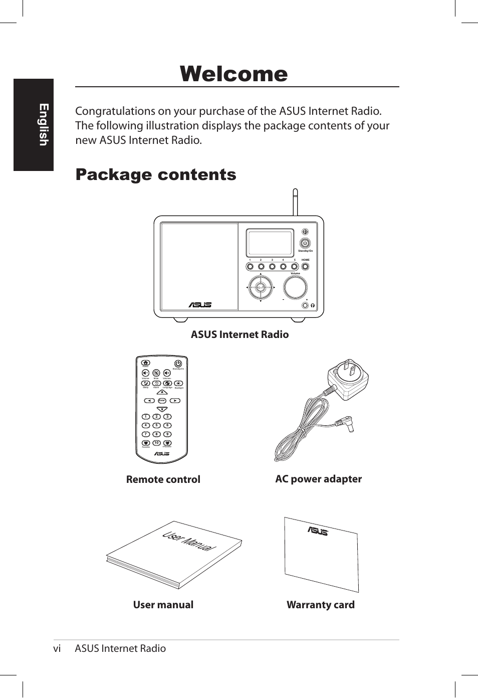 Welcome, Package contents, User manual | English, Vi asus internet radio | Asus AIR User Manual | Page 6 / 192