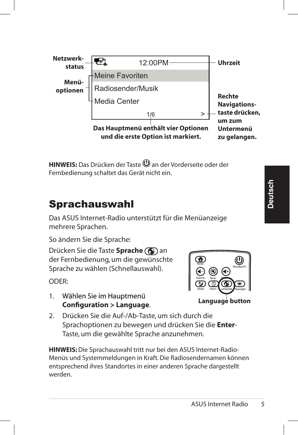 Sprachauswahl, Deutsch | Asus AIR User Manual | Page 61 / 192