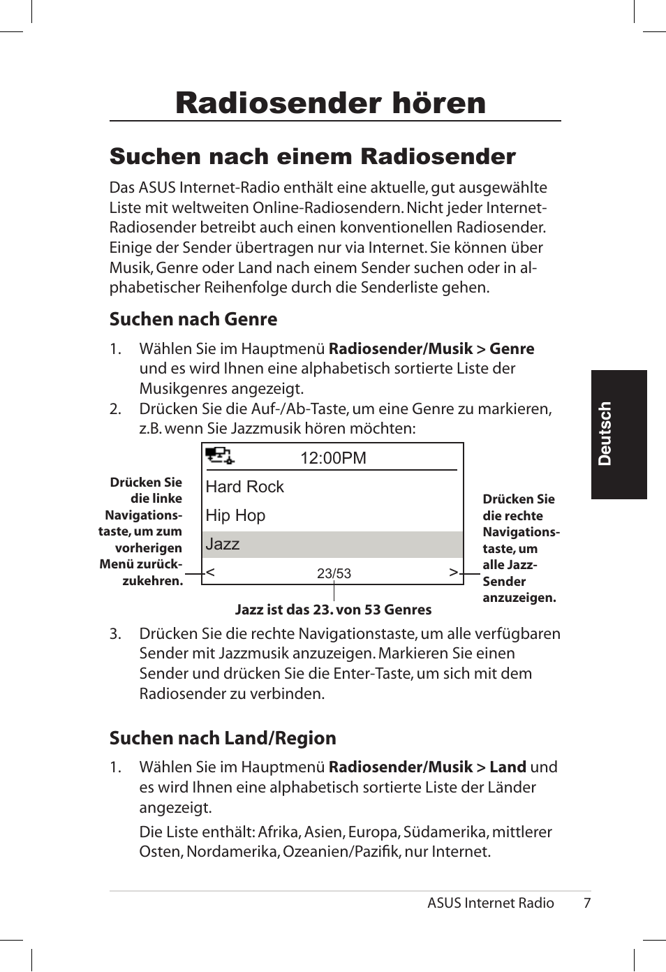 Radiosender hören, Suchen nach einem radiosender, Suchen.nach.genre | Suchen.nach.land�region | Asus AIR User Manual | Page 63 / 192