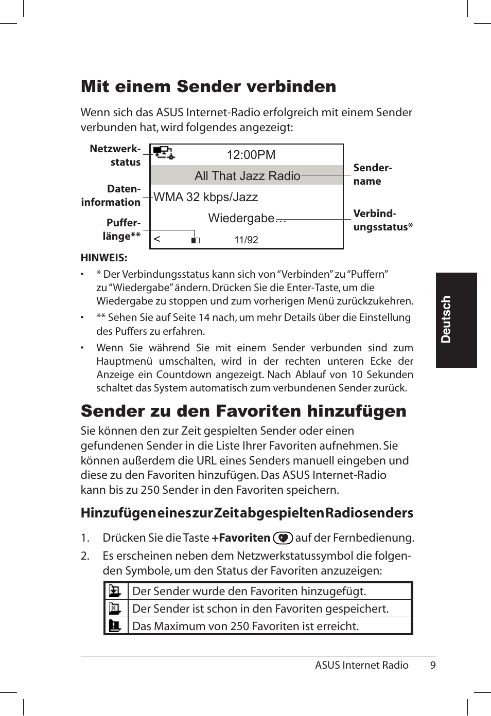 Mit einem sender verbinden, Sender zu den favoriten hinzufügen, Inzufügen.eines.zur.zeit.abgespielten.radiosenders | Asus AIR User Manual | Page 65 / 192