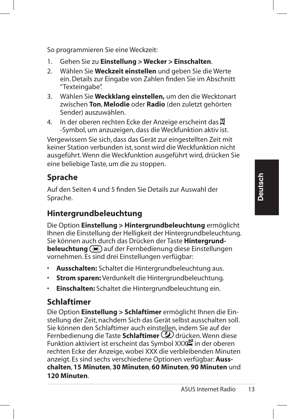 Sprache, Intergrundbeleuchtung, Schlaftimer | Asus AIR User Manual | Page 69 / 192