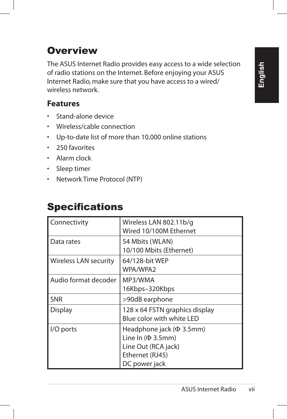 Specifications, Overview, Features | Asus AIR User Manual | Page 7 / 192