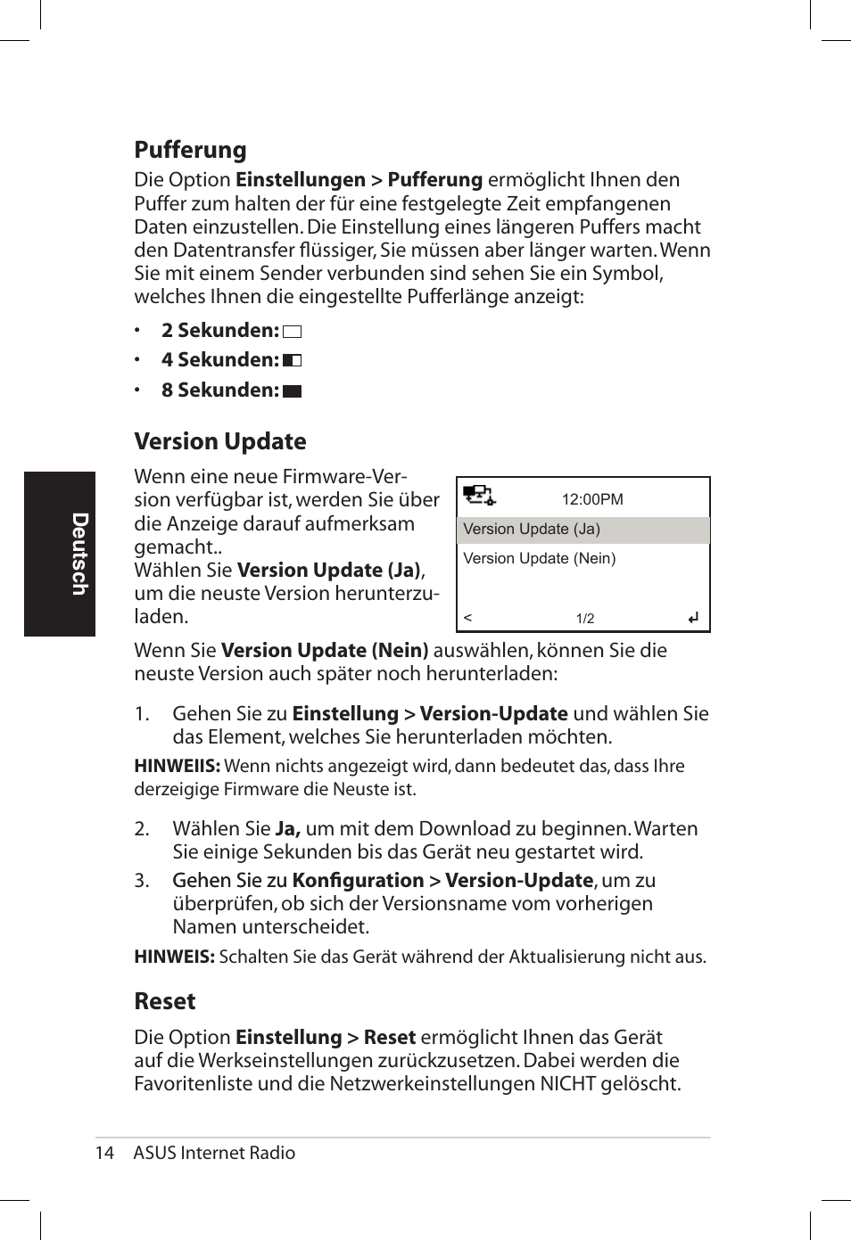 Pufferung, Ersion.update, Reset | Asus AIR User Manual | Page 70 / 192