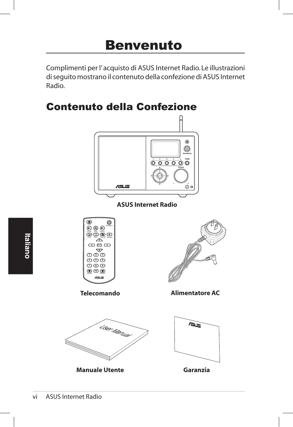 Benvenuto, Contenuto della confezione, User manual | Italiano, Vi asus internet radio | Asus AIR User Manual | Page 78 / 192