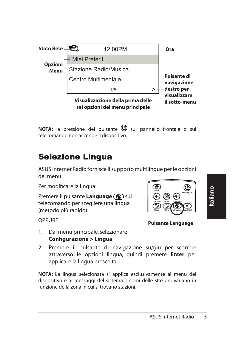 Selezione lingua, Italiano | Asus AIR User Manual | Page 85 / 192