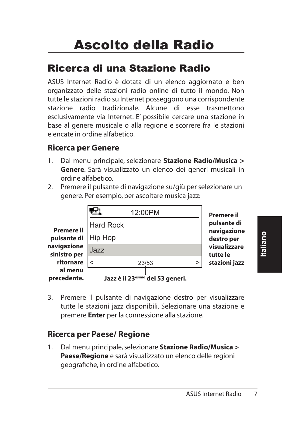 Ascolto della radio, Ricerca di una stazione radio, Ricerca.per.genere | Ricerca.per.paese�.regione | Asus AIR User Manual | Page 87 / 192