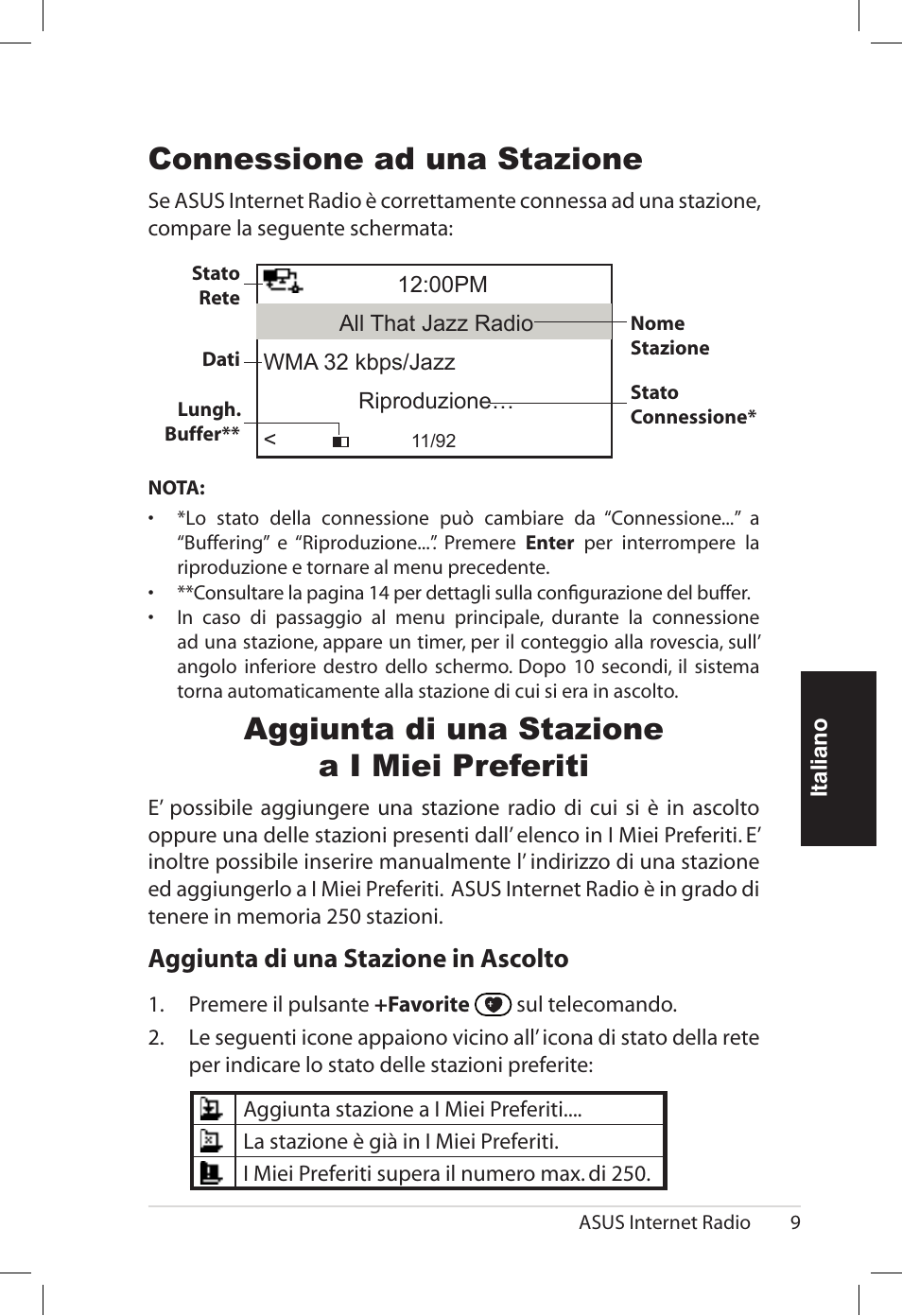 Connessione ad una stazione, Aggiunta di una stazione a i miei preferiti, Aggiunta.di.una.stazione.in.ascolto | Asus AIR User Manual | Page 89 / 192