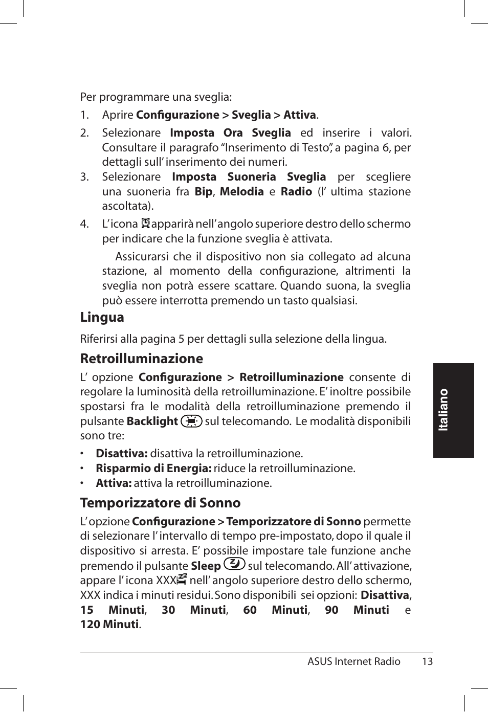 Lingua, Retroilluminazione, Temporizzatore.di.sonno | Asus AIR User Manual | Page 93 / 192