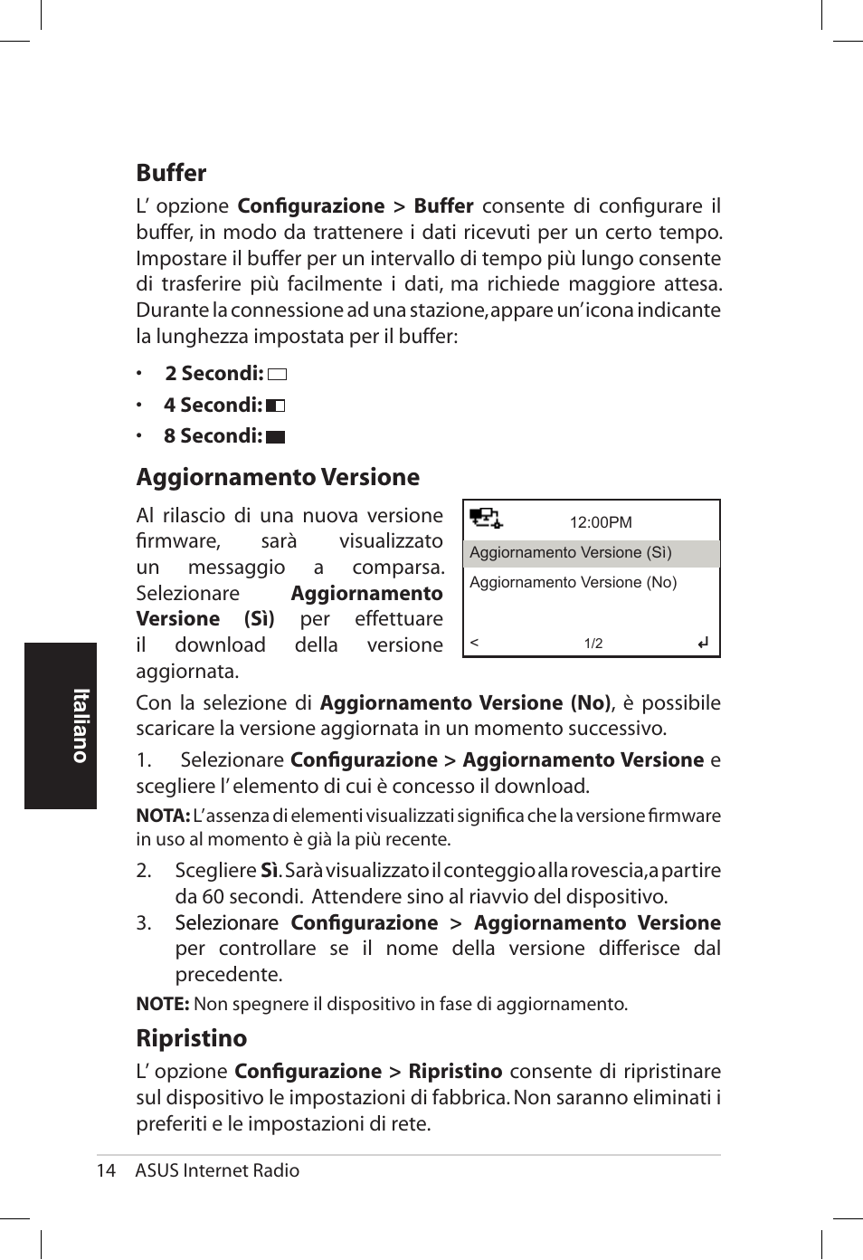 Buffer, Aggiornamento.�ersione, Ripristino | Asus AIR User Manual | Page 94 / 192