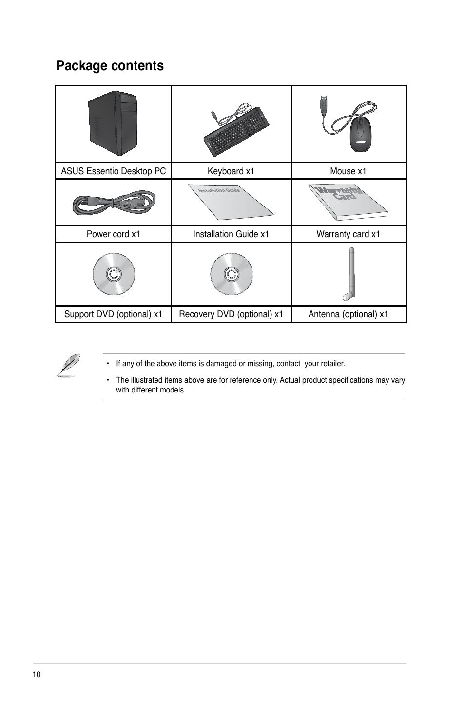 Package contents | Asus CM1745 User Manual | Page 10 / 70