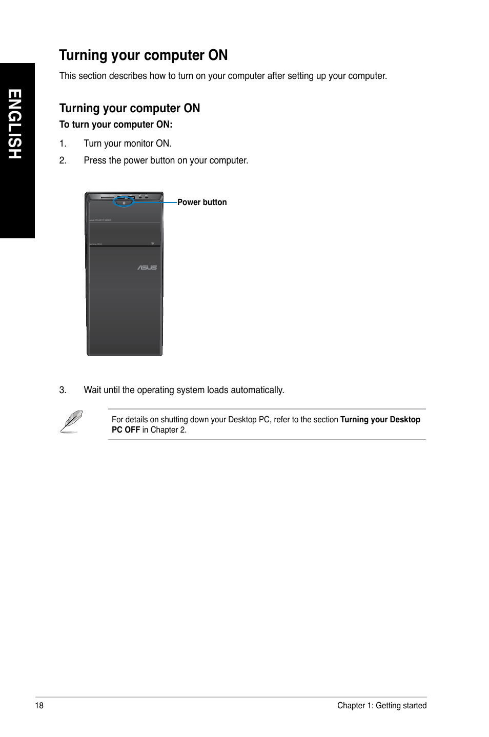 Turning your computer on, En gl is h en gl is h | Asus CM1745 User Manual | Page 18 / 70