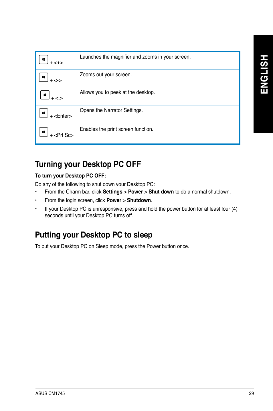 Turning your desktop pc off, Putting your desktop pc to sleep, En gl is h en gl is h | Asus CM1745 User Manual | Page 29 / 70