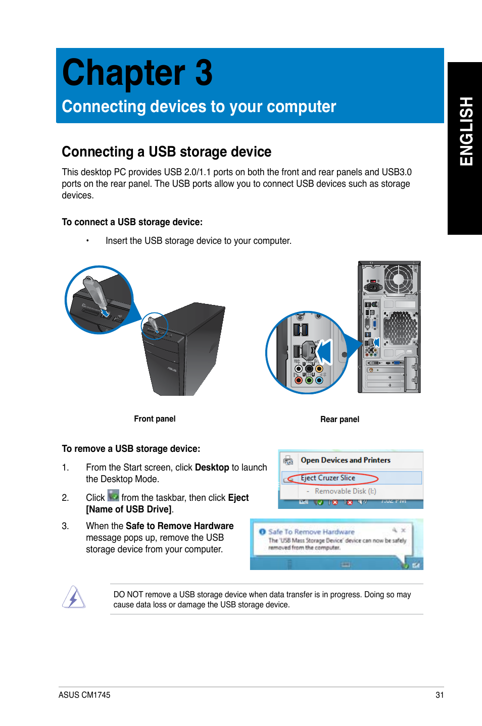 Chapter 3: connecting devices to your computer, Connecting a usb storage device, Connecting devices to your computer | Chapter 3, En gl is h en gl is h | Asus CM1745 User Manual | Page 31 / 70