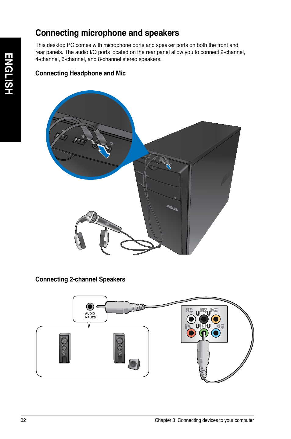 Connecting microphone and speakers, En gl is h en gl is h en gl is h en gl is h | Asus CM1745 User Manual | Page 32 / 70