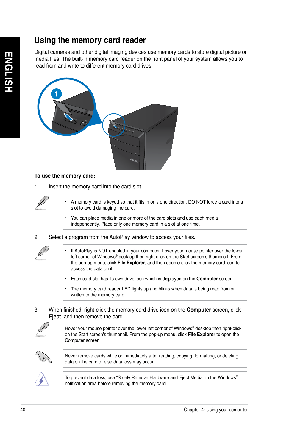 Using the memory card reader, En gl is h en gl is h en gl is h en gl is h | Asus CM1745 User Manual | Page 40 / 70