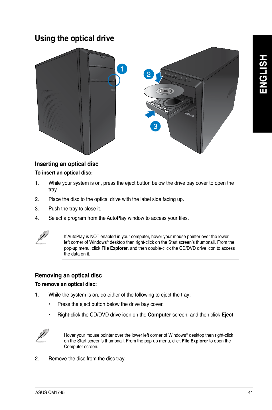 Using the optical drive, En gl is h en gl is h | Asus CM1745 User Manual | Page 41 / 70