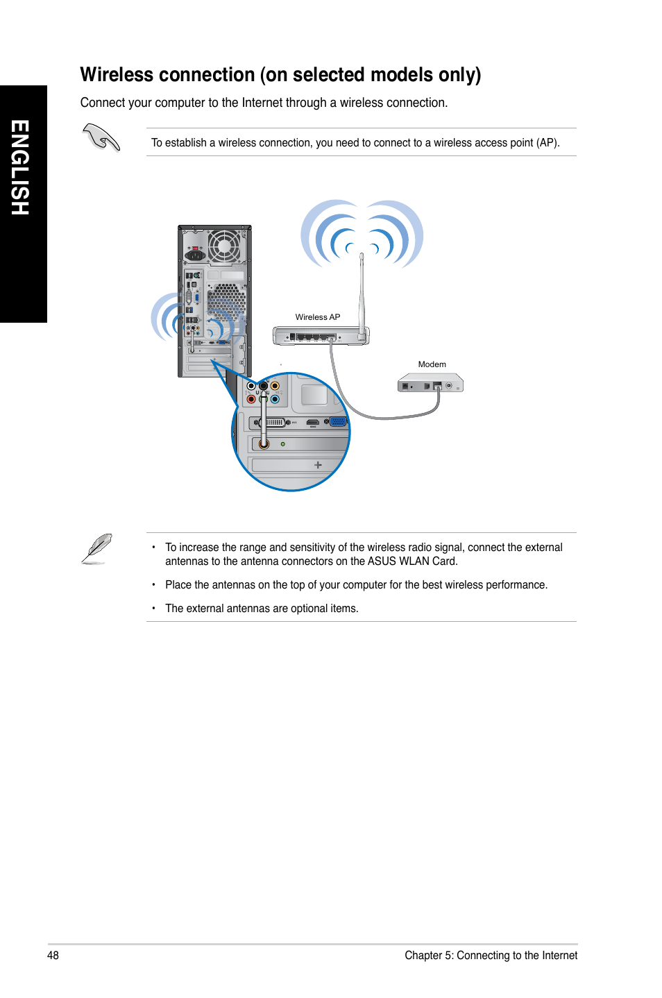 Wireless connection (on selected models only), En gl is h en gl is h en gl is h en gl is h | Asus CM1745 User Manual | Page 48 / 70