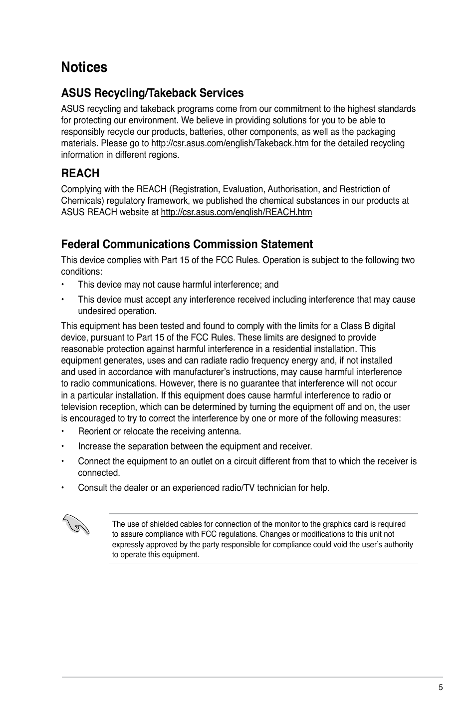 Notices, Asus recycling/takeback services, Reach | Federal communications commission statement | Asus CM1745 User Manual | Page 5 / 70