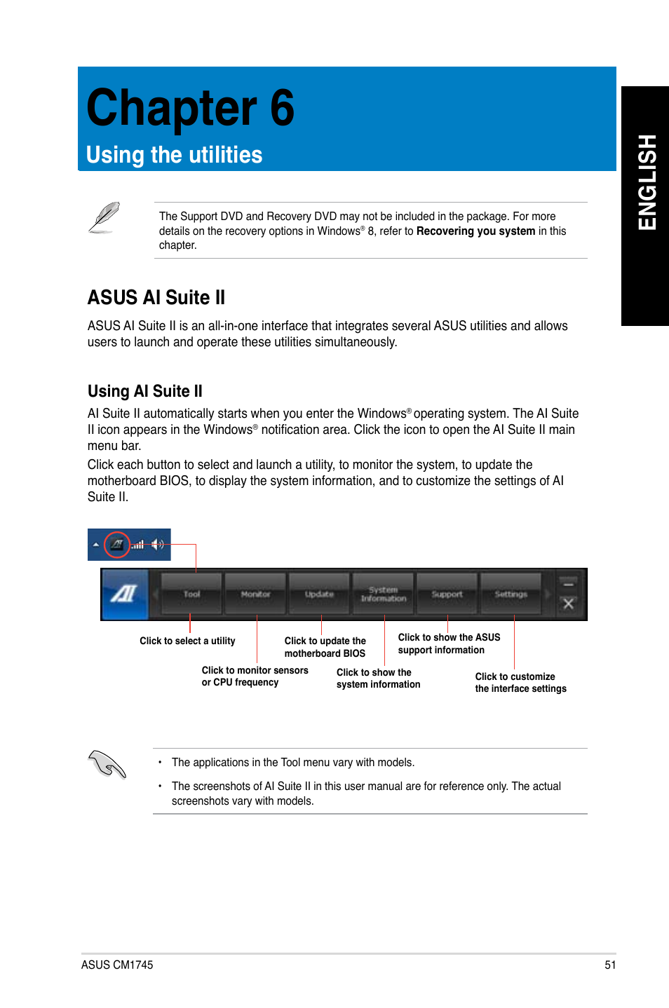 Chapter 6: using the utilities, Asus ai suite ii, Using the utilities | Chapter 6, En gl is h en gl is h | Asus CM1745 User Manual | Page 51 / 70