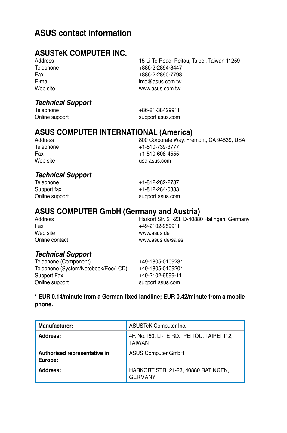 Asus contact information, Asustek computer inc, Asus computer international (america) | Asus computer gmbh (germany and austria), Technical support | Asus CM1745 User Manual | Page 70 / 70