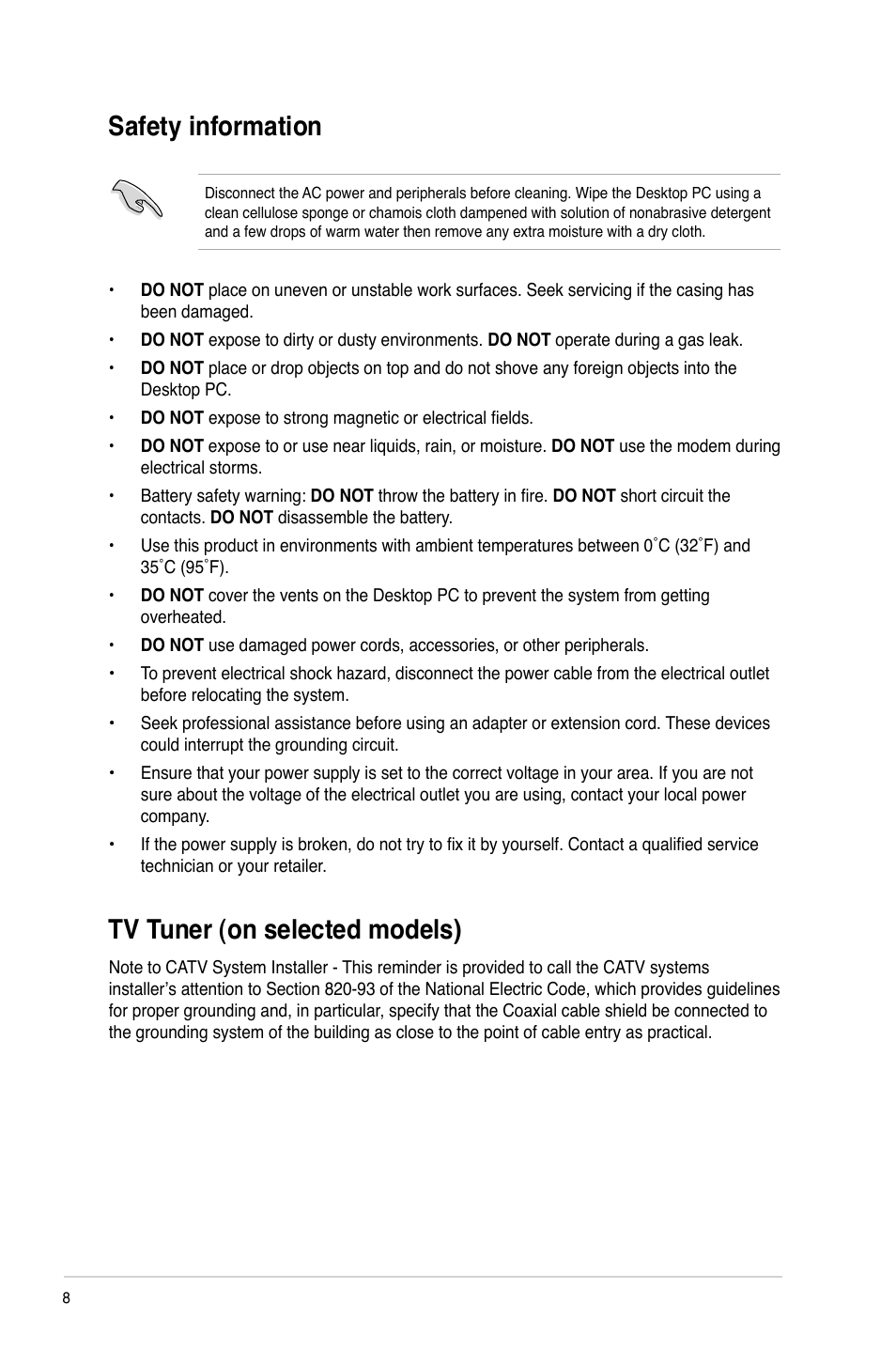 Safety information, Tv tuner (on selected models), Safety information tv tuner (on selected models) | Asus CM1745 User Manual | Page 8 / 70