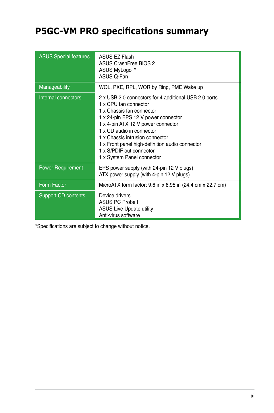 P5gc-vm pro specifications summary | Asus P5GC-VM Pro User Manual | Page 11 / 94