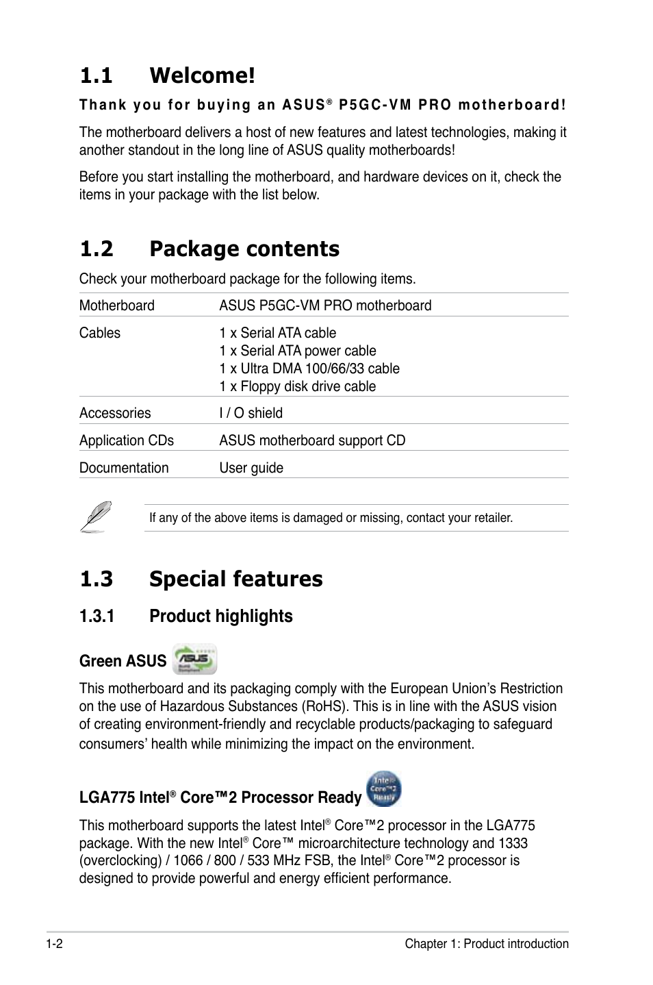 1 welcome, 2 package contents, 3 special features | 1 product highlights | Asus P5GC-VM Pro User Manual | Page 14 / 94