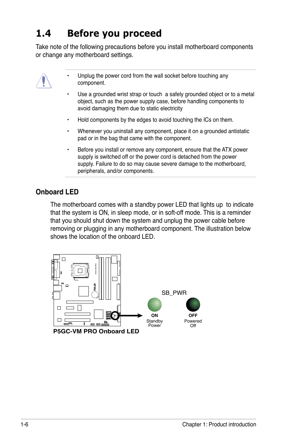 4 before you proceed, Onboard led | Asus P5GC-VM Pro User Manual | Page 18 / 94