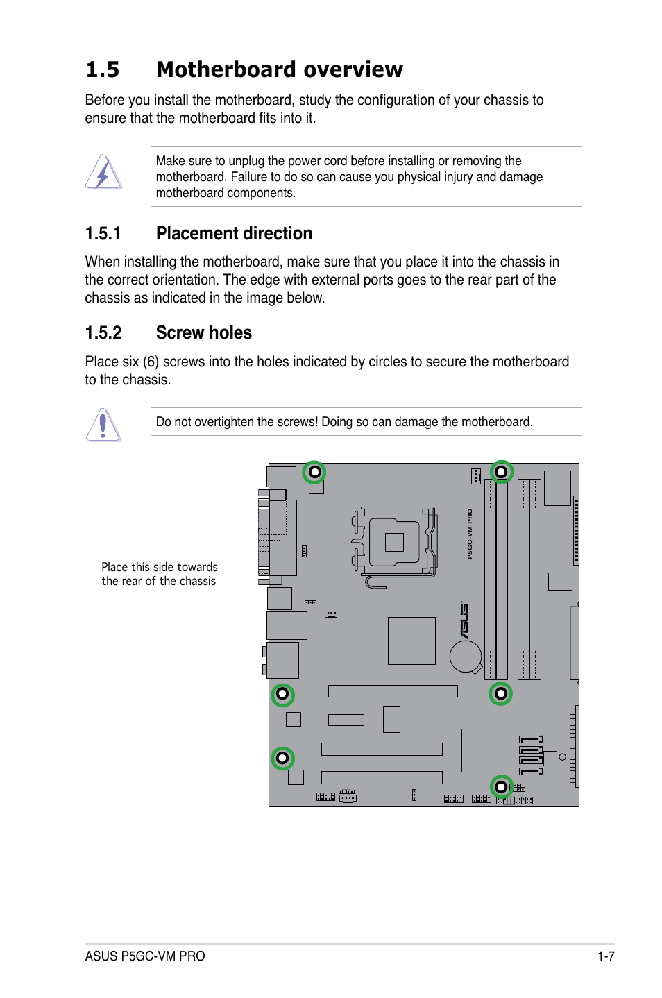 5 motherboard overview, 1 placement direction, 2 screw holes | Asus P5GC-VM Pro User Manual | Page 19 / 94