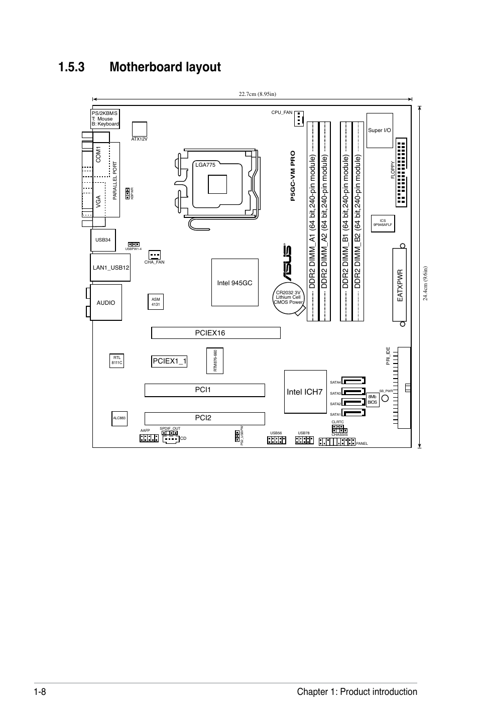 3 motherboard layout, 8 chapter 1: product introduction, Intel ich7 | Asus P5GC-VM Pro User Manual | Page 20 / 94